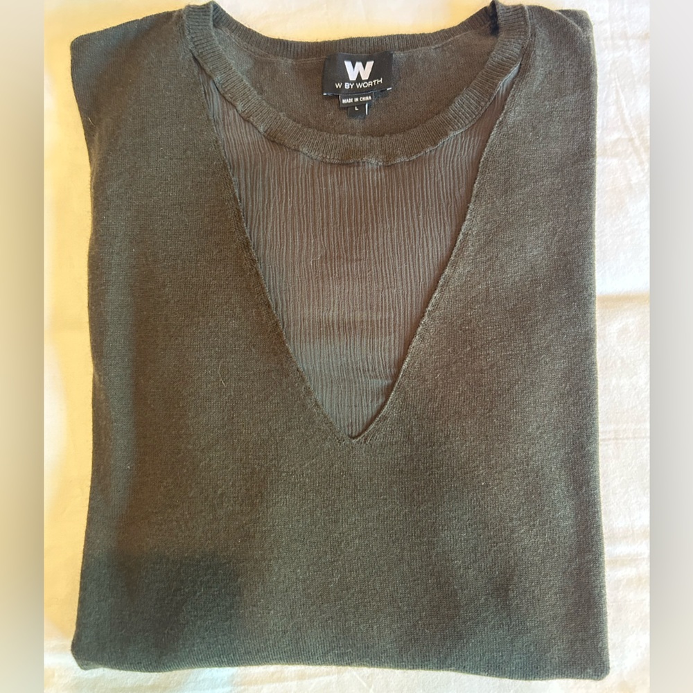 W by Worth Olive Green Silk Trimmed Sweater Size L